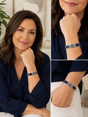 Silver Tone Blue Enamel Panel Link Bracelet 7.5 Inch Geometric Vintage Style